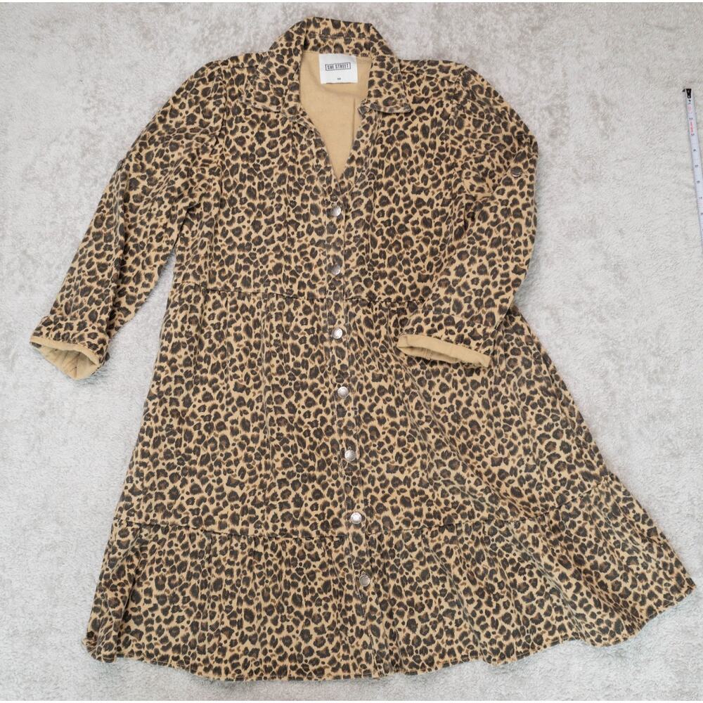 She Street Leopard Print Tan Denim Tiered Shirt Dress Womens Size SM